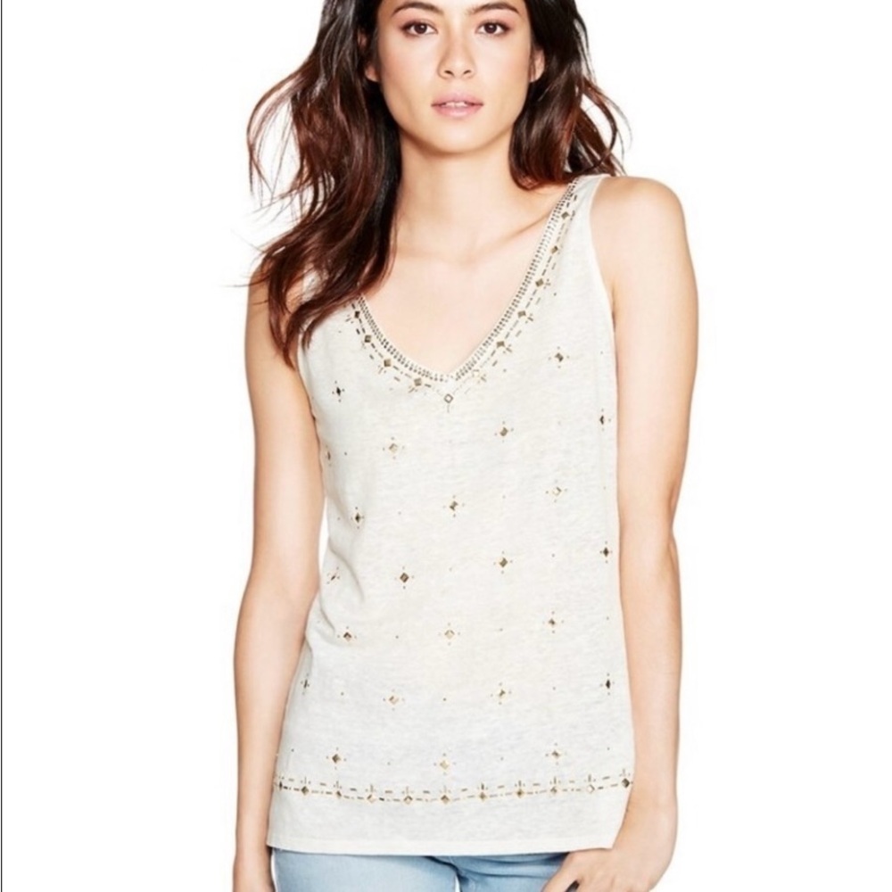 White House Black Market Gold Embellished Sleeveless Linen Tank Top size Med